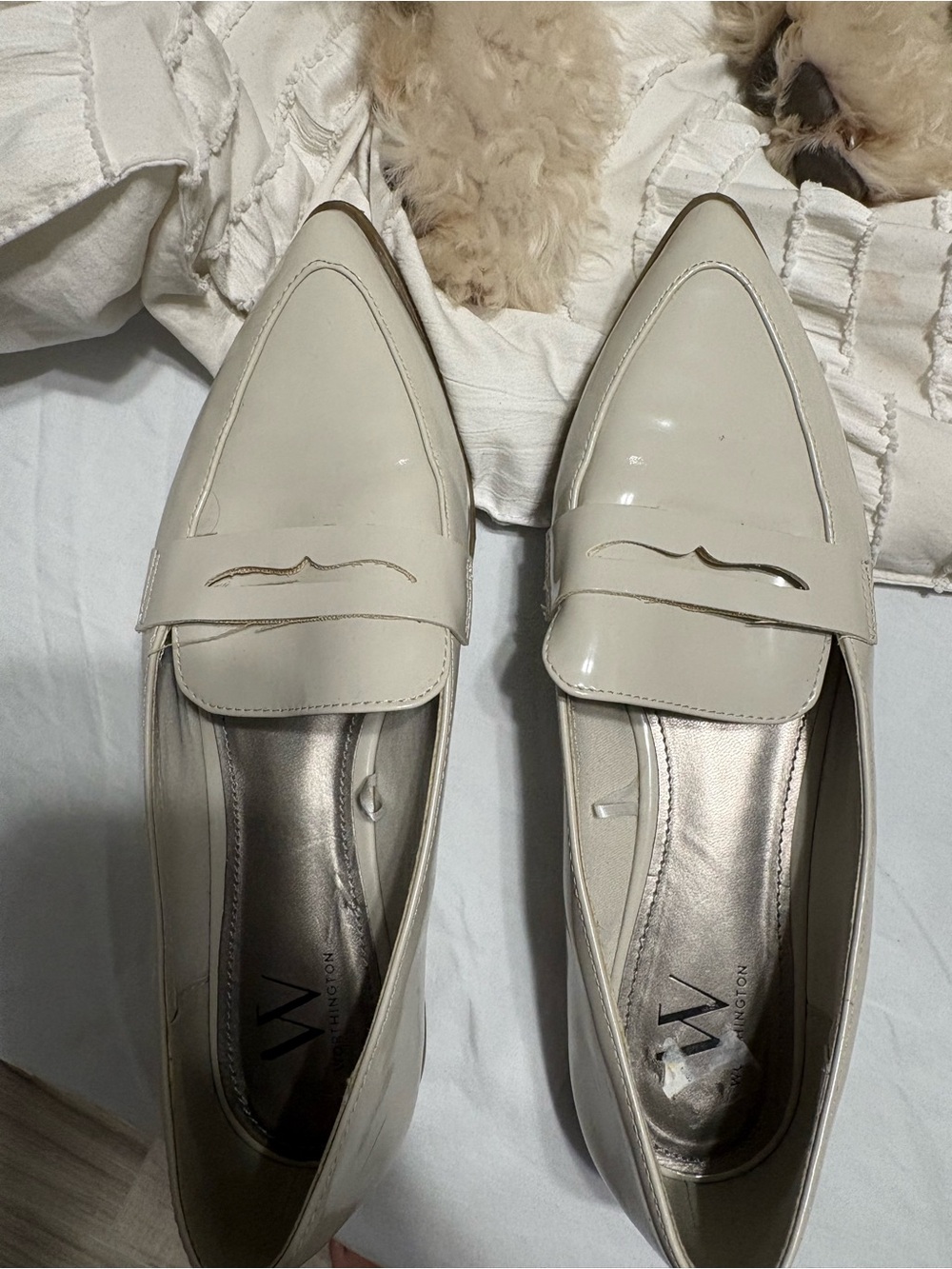 W by Worth Cream Patent Pointed-Toe Loafers